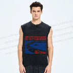 Unisex Vintage Beach Sea Wave Printed Washed Tank Top
