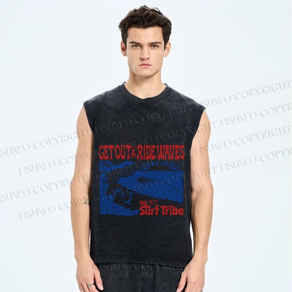 Unisex Vintage Beach Sea Wave Printed Washed Tank Top