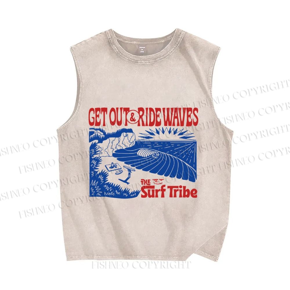 Unisex Vintage Beach Sea Wave Printed Washed Tank Top