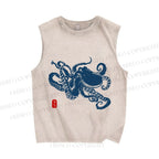Unisex Octopus Japanese Style Printed Washed Tank Top