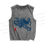 Unisex Octopus Japanese Style Printed Washed Tank Top