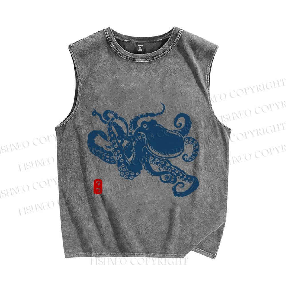 Unisex Octopus Japanese Style Printed Washed Tank Top
