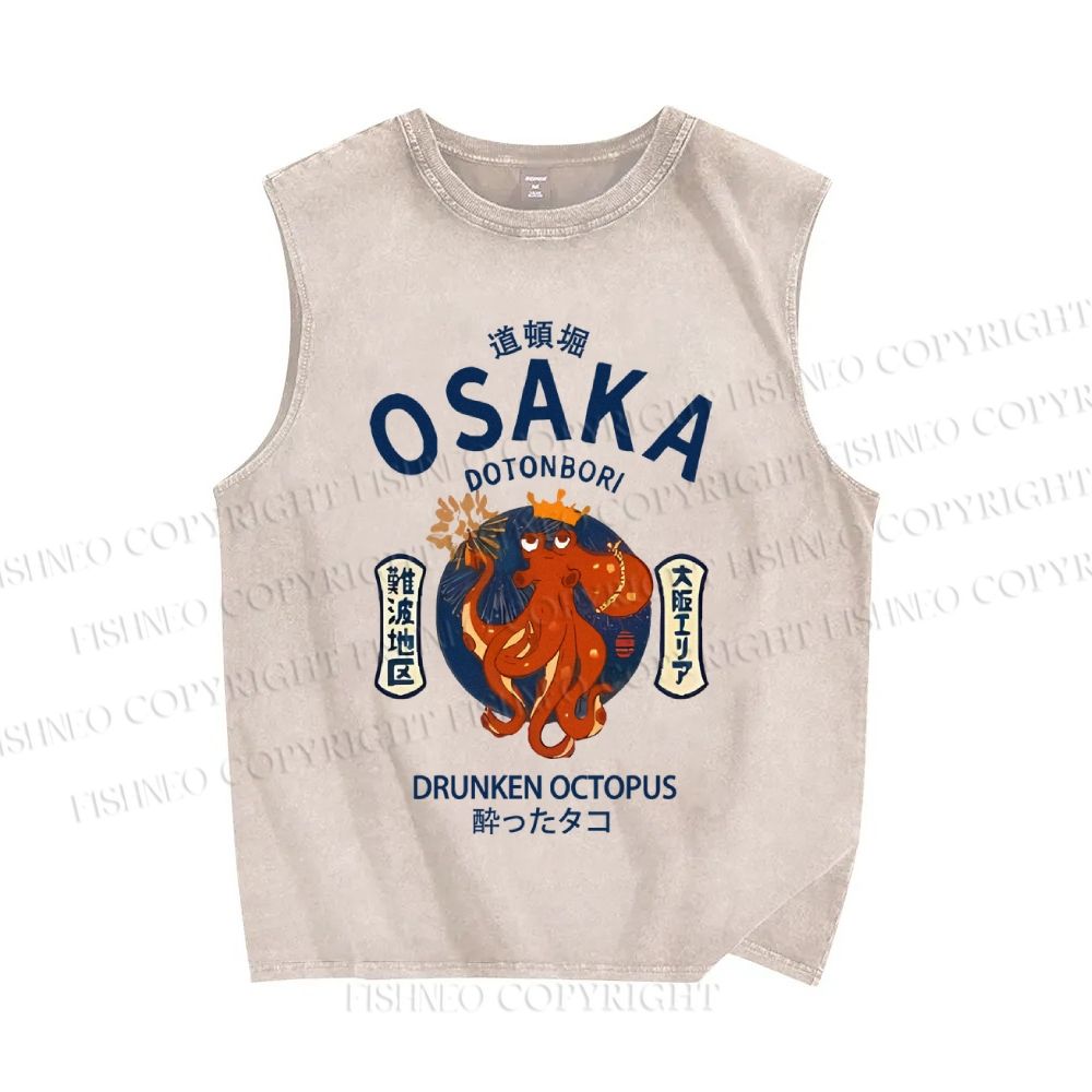 Unisex Osaka Drunken Octopus Japanese Style Printed Washed Tank Top
