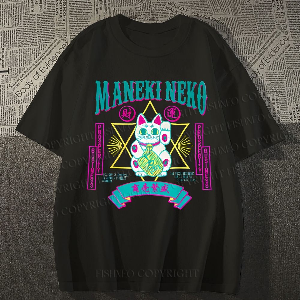 Unisex Maneki Neko Lucky Cat Vintage Classic Cotton T-shirt