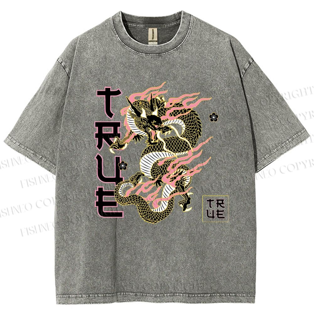 Unisex Dragon Printed Washed Tee