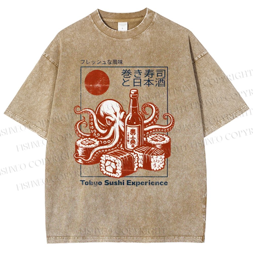 Unisex Sushi Japanese Sake Printed Washed Tee