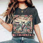 Unisex Japanese Sakura Cat Sleepy Printed Washed Tee