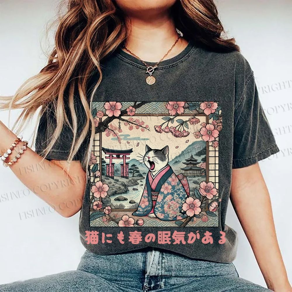 Unisex Japanese Sakura Cat Sleepy Printed Washed Tee