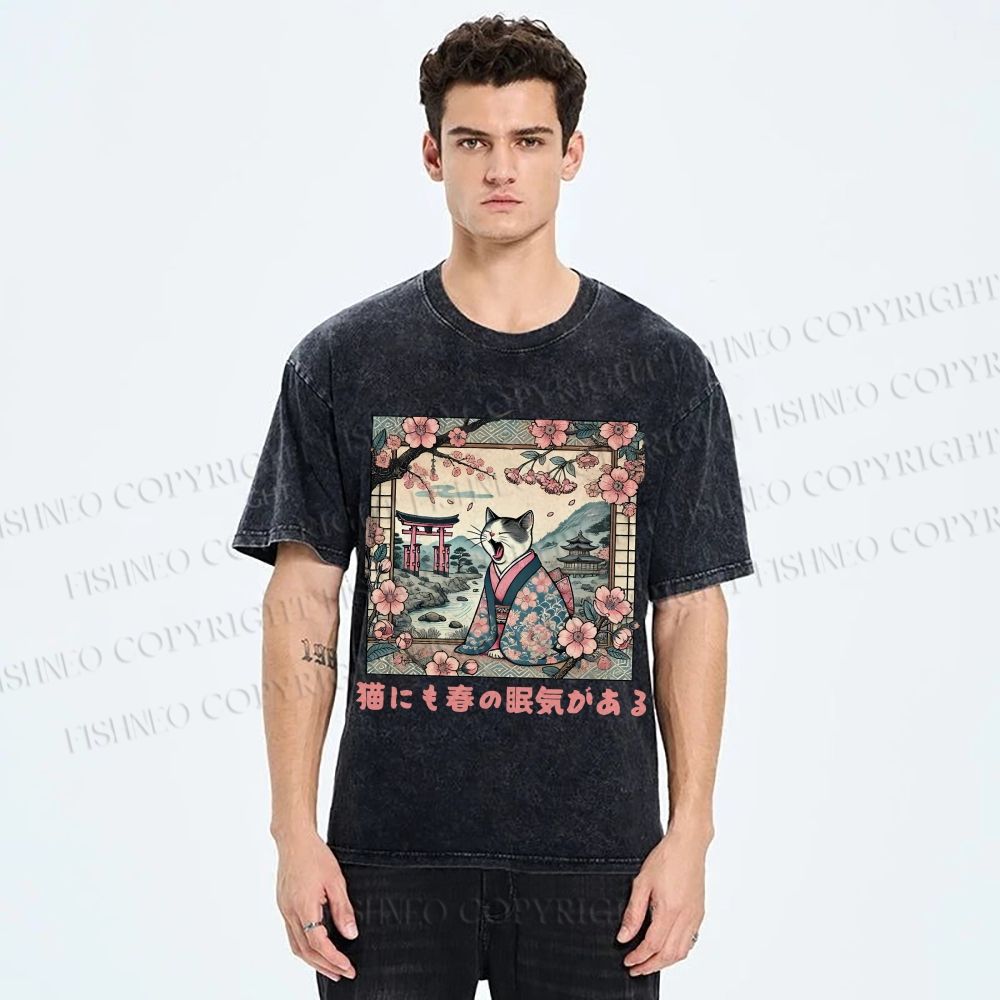 Unisex Japanese Sakura Cat Sleepy Printed Washed Tee