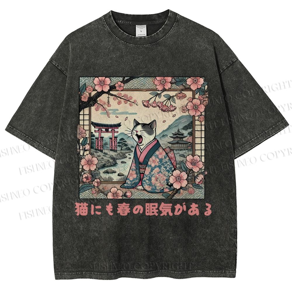 Unisex Japanese Sakura Cat Sleepy Printed Washed Tee