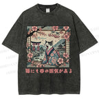 Unisex Japanese Sakura Cat Sleepy Printed Washed Tee
