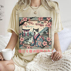Unisex Japanese Sakura Cat Sleepy Printed Washed Tee