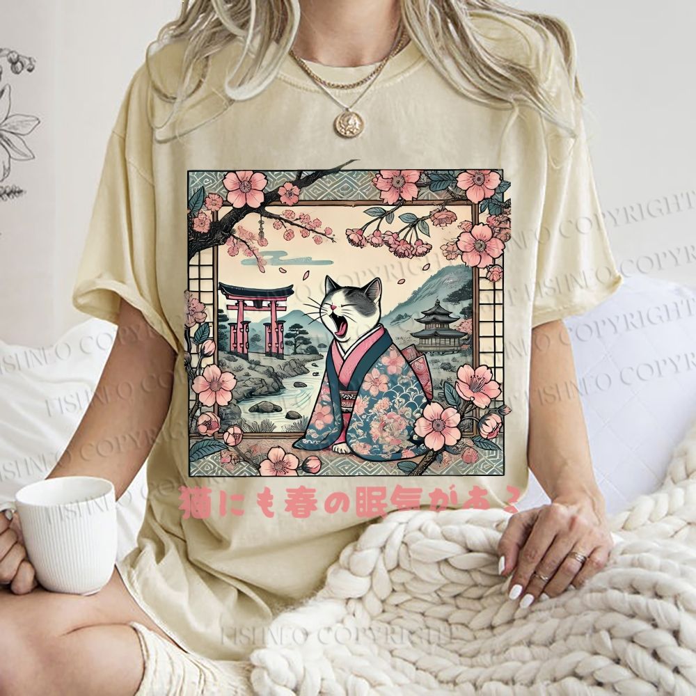 Unisex Japanese Sakura Cat Sleepy Printed Washed Tee