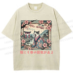 Unisex Japanese Sakura Cat Sleepy Printed Washed Tee