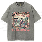 Unisex Japanese Sakura Cat Sleepy Printed Washed Tee