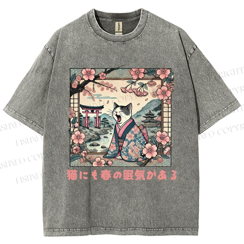 Unisex Japanese Sakura Cat Sleepy Printed Washed Tee