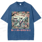Unisex Japanese Sakura Cat Sleepy Printed Washed Tee