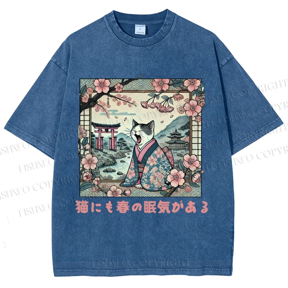 Unisex Japanese Sakura Cat Sleepy Printed Washed Tee