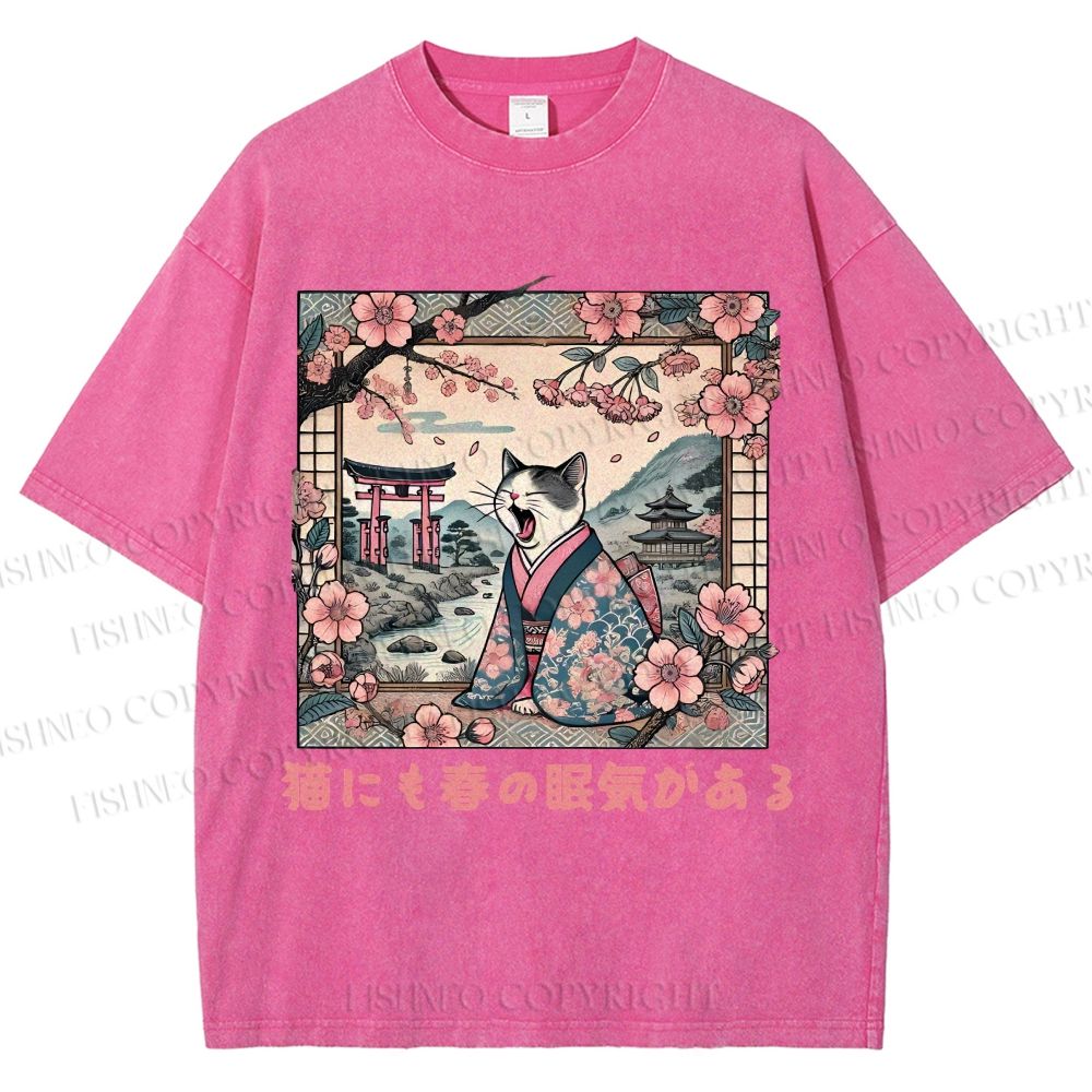 Unisex Japanese Sakura Cat Sleepy Printed Washed Tee