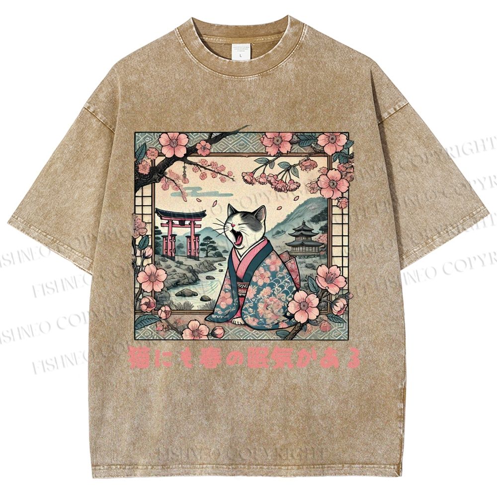 Unisex Japanese Sakura Cat Sleepy Printed Washed Tee