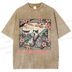 Unisex Japanese Sakura Cat Sleepy Printed Washed Tee
