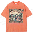 Unisex Japanese Sakura Cat Sleepy Printed Washed Tee