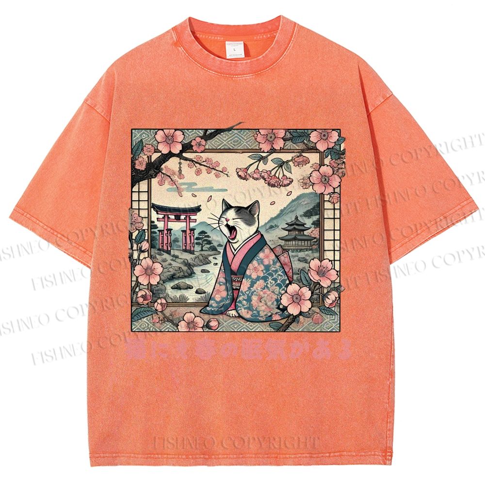 Unisex Japanese Sakura Cat Sleepy Printed Washed Tee