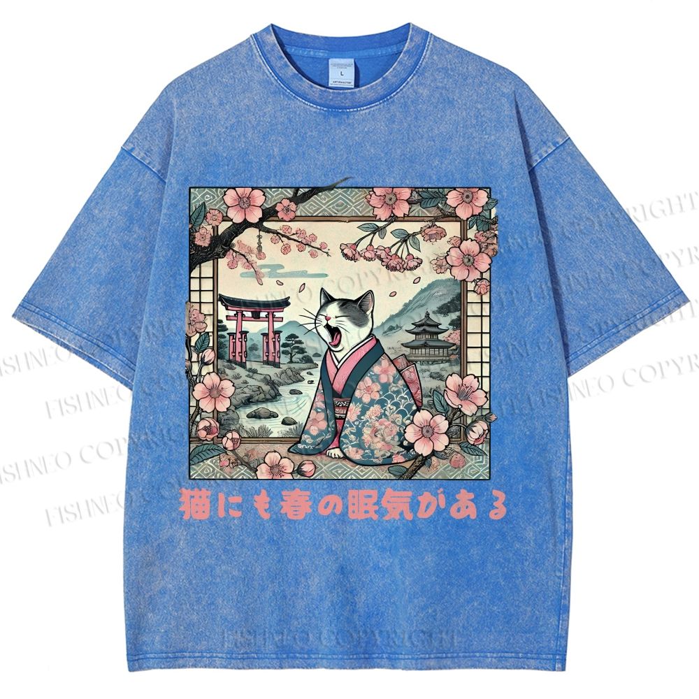 Unisex Japanese Sakura Cat Sleepy Printed Washed Tee