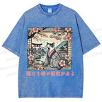 Unisex Japanese Sakura Cat Sleepy Printed Washed Tee