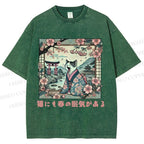 Unisex Japanese Sakura Cat Sleepy Printed Washed Tee