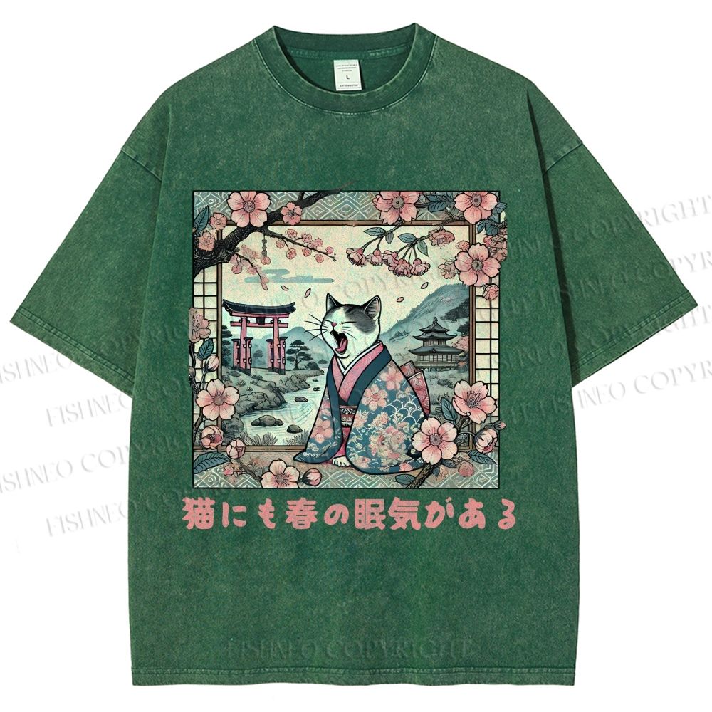 Unisex Japanese Sakura Cat Sleepy Printed Washed Tee