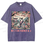 Unisex Japanese Sakura Cat Sleepy Printed Washed Tee