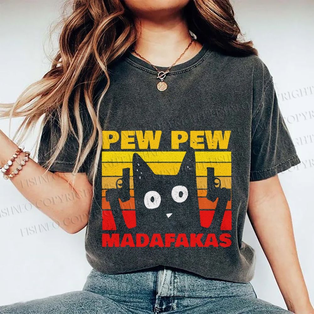 Unisex Vintage Cat Pew Pew MaDaFaKas Printed Washed Tee