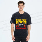 Unisex Vintage Cat Pew Pew MaDaFaKas Printed Washed Tee