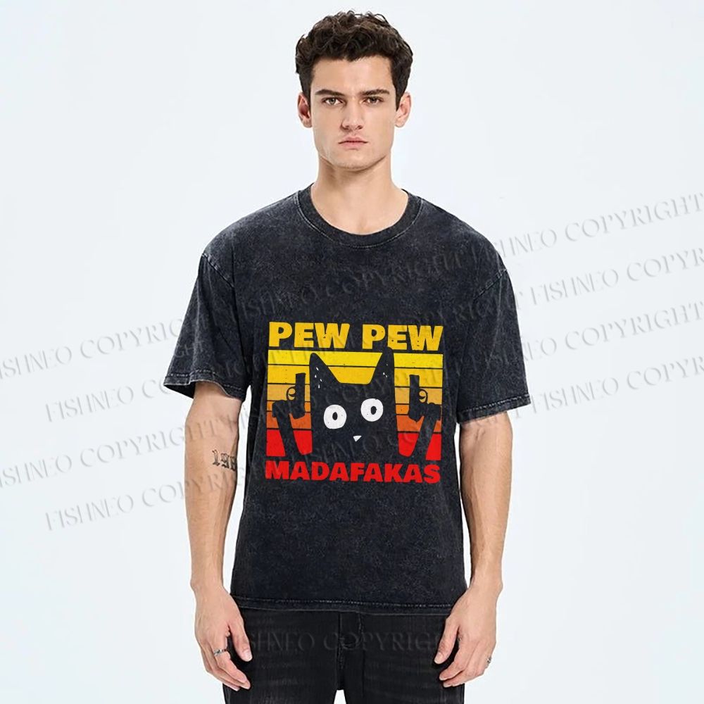 Unisex Vintage Cat Pew Pew MaDaFaKas Printed Washed Tee