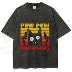 Unisex Vintage Cat Pew Pew MaDaFaKas Printed Washed Tee