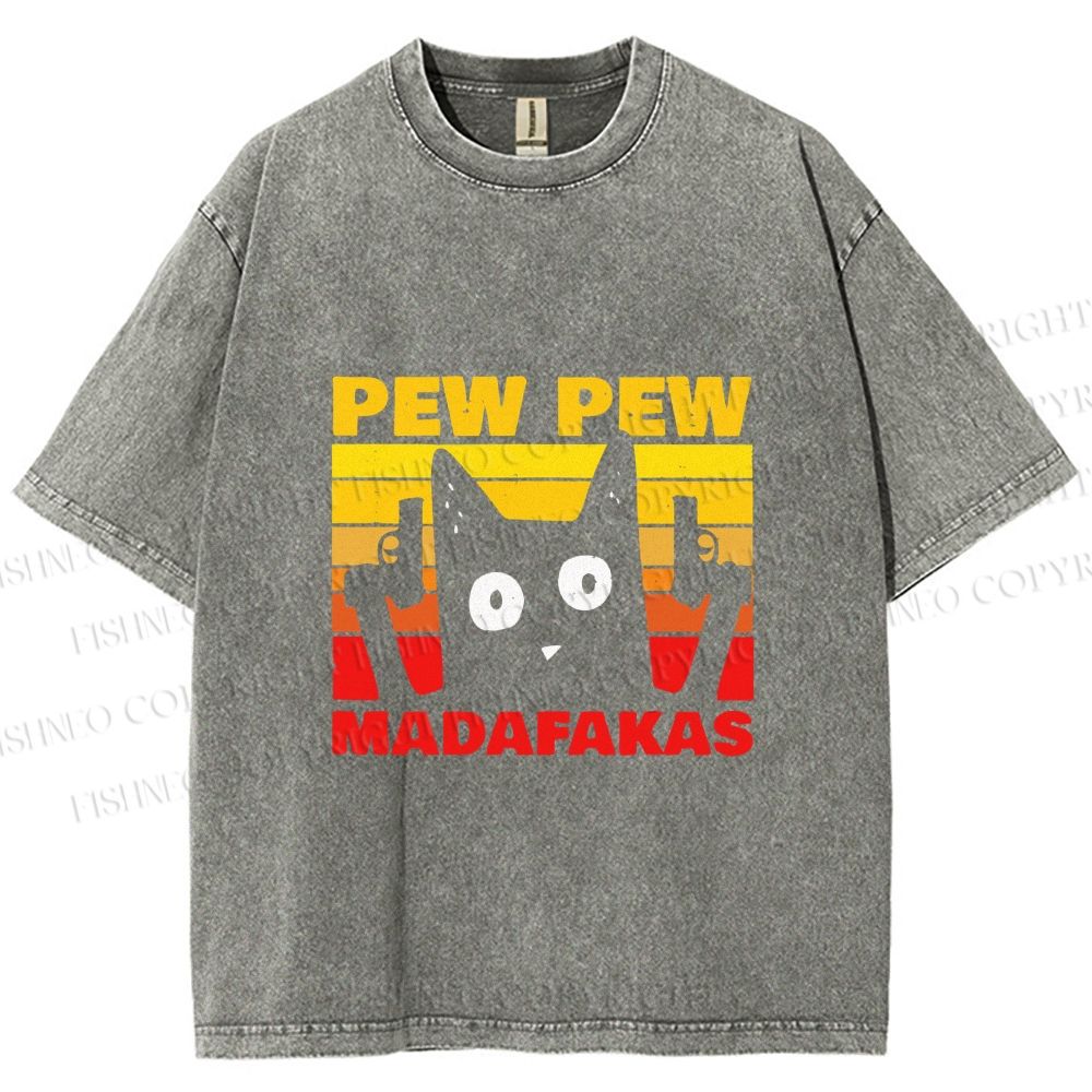 Unisex Vintage Cat Pew Pew MaDaFaKas Printed Washed Tee