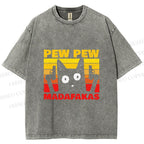 Unisex Vintage Cat Pew Pew MaDaFaKas Printed Washed Tee