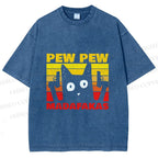 Unisex Vintage Cat Pew Pew MaDaFaKas Printed Washed Tee