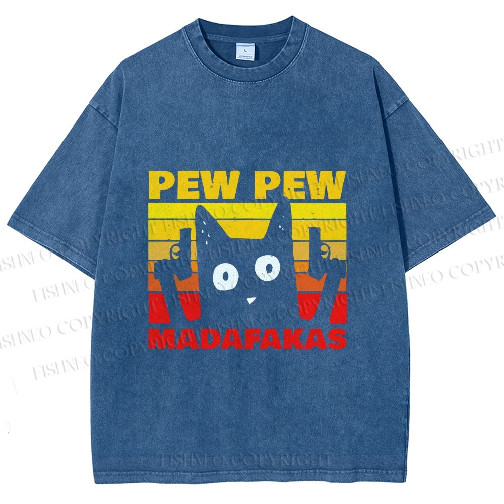 Unisex Vintage Cat Pew Pew MaDaFaKas Printed Washed Tee