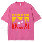 Unisex Vintage Cat Pew Pew MaDaFaKas Printed Washed Tee
