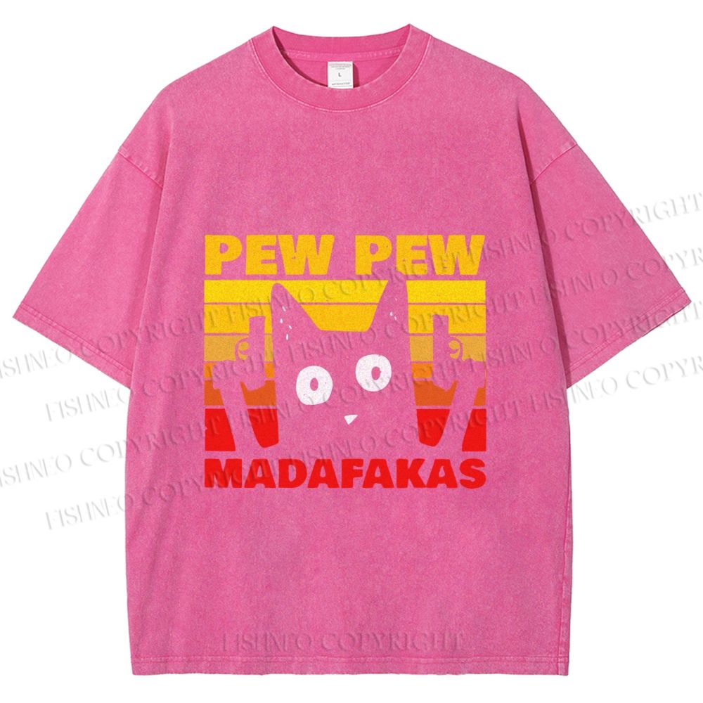 Unisex Vintage Cat Pew Pew MaDaFaKas Printed Washed Tee