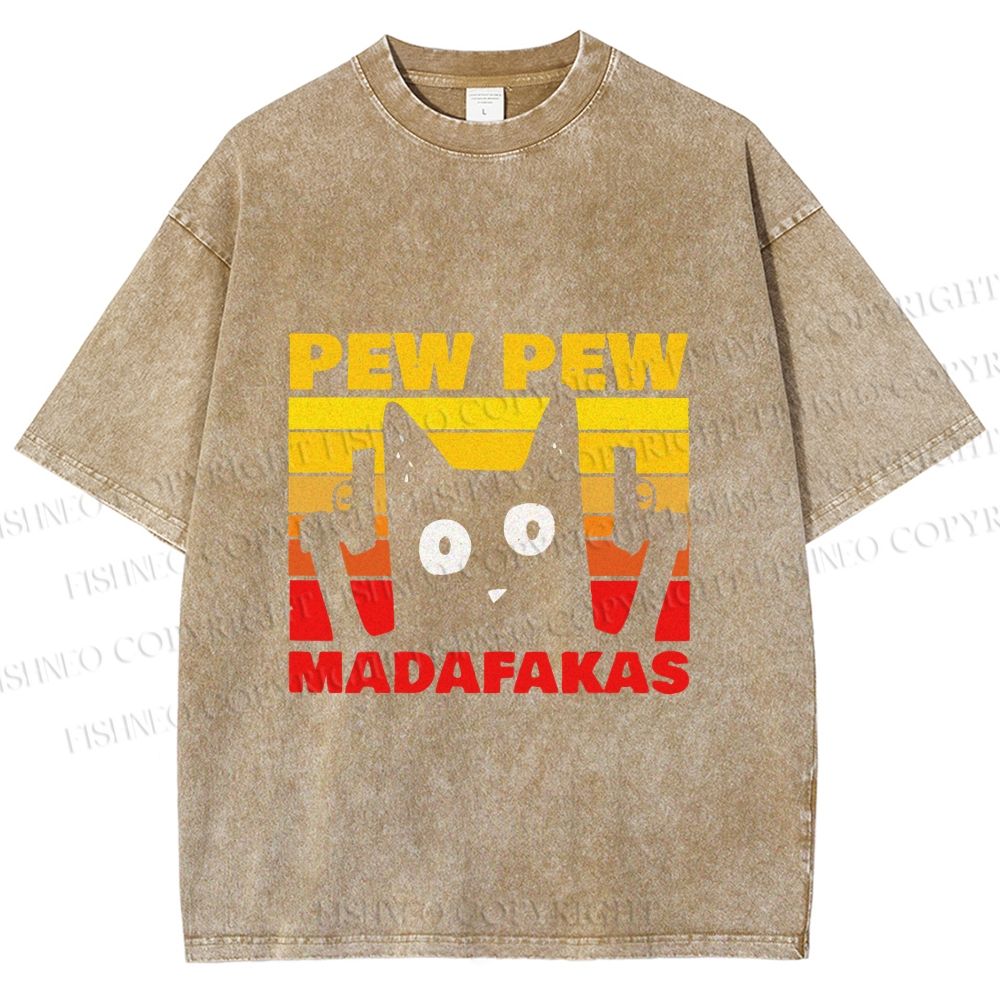 Unisex Vintage Cat Pew Pew MaDaFaKas Printed Washed Tee
