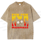 Unisex Vintage Cat Pew Pew MaDaFaKas Printed Washed Tee