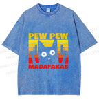 Unisex Vintage Cat Pew Pew MaDaFaKas Printed Washed Tee