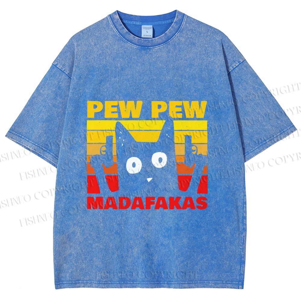 Unisex Vintage Cat Pew Pew MaDaFaKas Printed Washed Tee