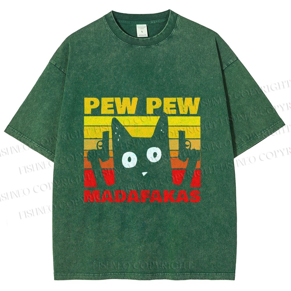 Unisex Vintage Cat Pew Pew MaDaFaKas Printed Washed Tee