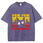Unisex Vintage Cat Pew Pew MaDaFaKas Printed Washed Tee
