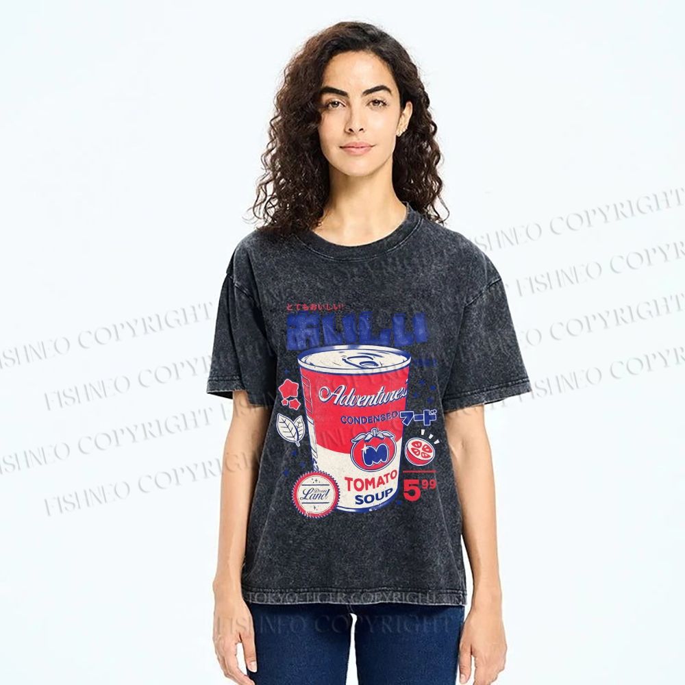 Unisex Vintage Japanese Drink Printed Washed Tee