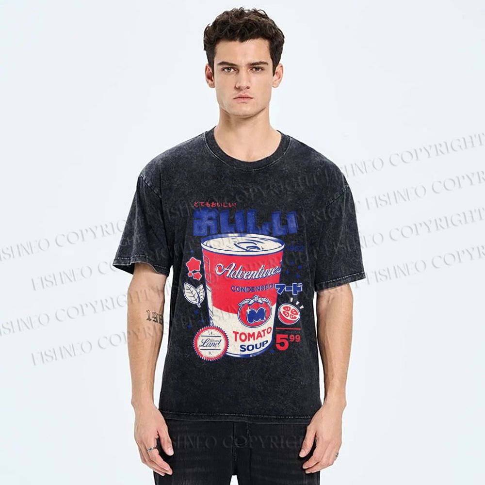 Unisex Vintage Japanese Drink Printed Washed Tee